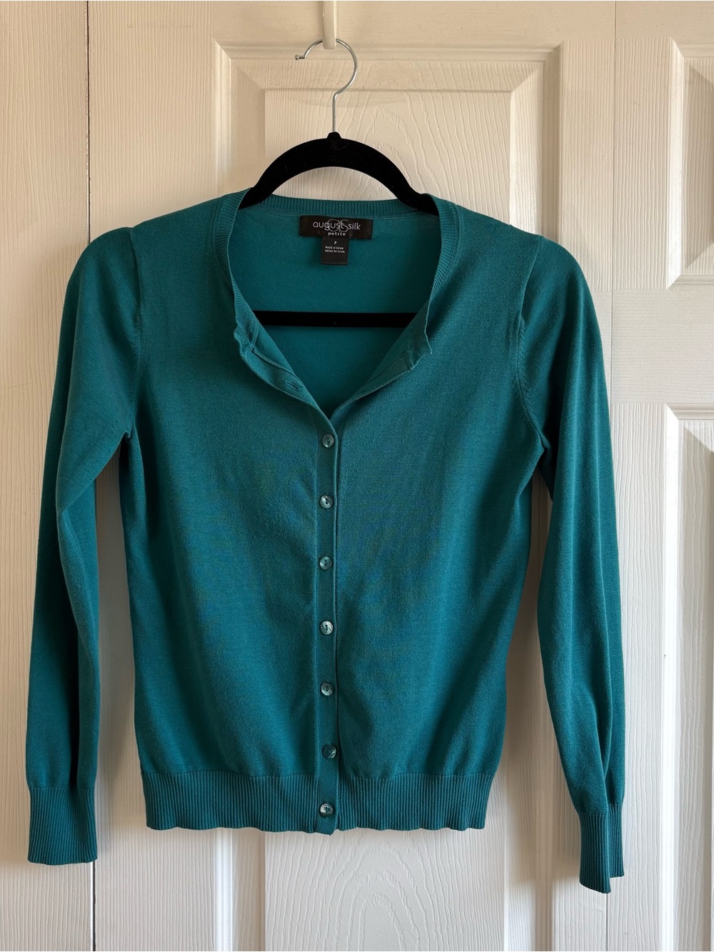 August Silk Blend Seafoam Blue Button Cardigan Career Preppy Teacher SP Coquette